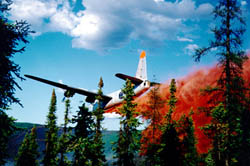 Firefighting airplane dropping orange fire suppressant.