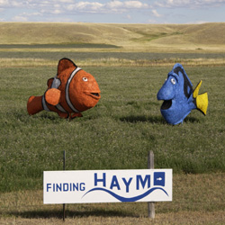 Hay sculptures of Nemo and Dory.